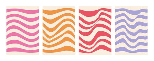 Groovy wave stripe set. Hand drawn groovy . Distorted vertical stripes, warped streaks, fluid liquid wavy lines, doodle waves. Striped rectangle templates collection. vector