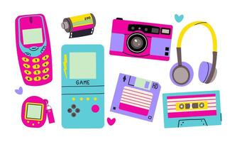 Set of retro devices in flat style. Hand drawn illustration .Tape recorder, cassette, floppy disk, film, music box, game console illustration. Nostalgia for 90s. vector