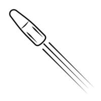 Black line drawing bullet flying through air with motion lines vector