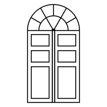 Black line drawing of a double door with an arched window above vector