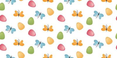 Seamless pattern with colorful Easter eggs and butterflies on a white background. Spring holiday design for textile, wallpaper, wrapping paper, and greeting card. vector