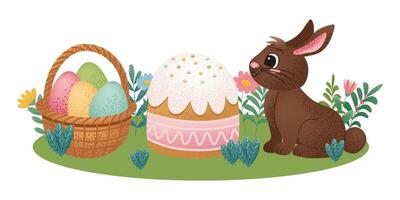 Chocolate rabbit sitting next to an Easter cake and a basket of colorful eggs on green grass with flowers. Cute cartoon holiday illustration. Easter celebration design for greeting card and print. vector