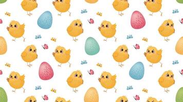 Seamless pattern with yellow Easter chicks, colorful eggs, and small butterflies on a white background. Easter celebration design for textile, wallpaper, greeting card, and wrapping paper. vector