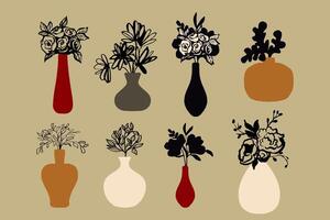 Set of stylized various vases. Hand-drawn elements of home decor. Flowers and plants in a modern abstract design. vector