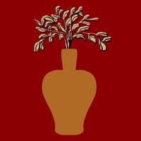 An abstract branch with leaves in a large vase. Illustration of stylish home decor. A flower pot with a plant. vector