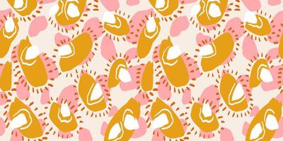 Unique yellow abstract organic shapes seamless pattern. hand drawn sketch irregular circular shape print on a pink background. Collage contemporary minimalist ornament. vector