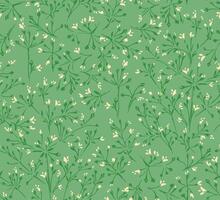 Elegant seamless floral pattern with delicate branches and small blossoms on a green background. Tiny flowers stems ornament print. Ideal for stationery, packaging, textiles, vector