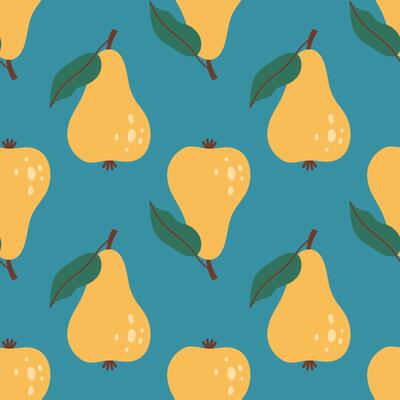 Pear seamless pattern. Pear fruit with leaf. Organic vitamins and healthy nutrition. Flat design, doodle style. Fabric design.