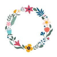 Decorative round frame with flowers - poppies, tulips, leaves, lilies, daffodils. . Doodle style. Copy space, design template, circle frame. Hand drawn spring and summer flowers and foliage vector