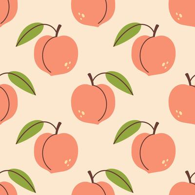 Peach seamless pattern. Peach fruit with leaf. Organic vitamins and healthy nutrition. Flat design, doodle style. Graphic texture. Fabric design.