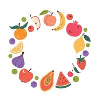 Cute hand drawn Fruits and berries round frame in doodle style. Fruits icons Circular template. Hand drawn Fruits circle border. Circular copy space template. illustration isolated on white. vector