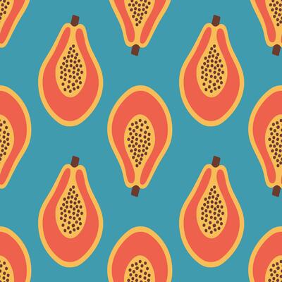 Papaya seamless pattern. Cut papaya fruit. Organic vitamins and healthy nutrition. Flat design, doodle style. Graphic texture. Fabric design.