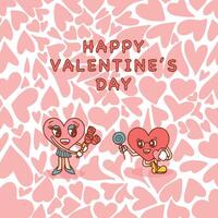 Cute hearts in kwai style on the background of pink hearts of different shapes and sizes. Symbols of love, with cheerful positive emotions congratulate each other on Valentine's Day. vector