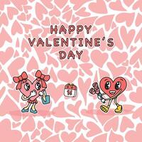 Cute hearts in kwai style on the background of pink hearts of different shapes and sizes. Postcard with funny characters for Valentine's Day. . illustration vector