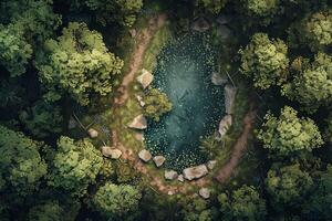 An aerial view of a pond surrounded by trees photo