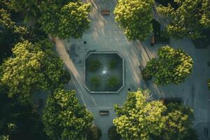 An aerial view of a park with trees and benches photo