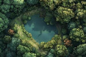 An aerial view of a forest with a pond photo