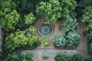 An aerial view of a park with a fountain photo