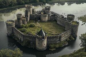 An aerial view of a castle surrounded by water photo