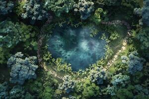 An aerial view of a forest with a pond in the middle photo