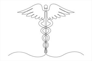 Medical symbol caduceus. Continuous single line art drawing of illustration vector