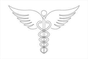 Medical symbol caduceus. Continuous one line art drawing of design vector