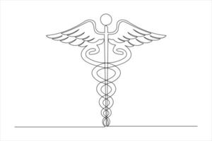 Medical symbol caduceus. Continuous one line art drawing of vector