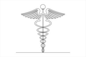 Medical symbol caduceus. Continuous one line art drawing of illustration design vector