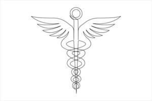 Medical symbol caduceus. Continuous single line art drawing of illustration design vector