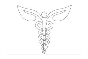 Medical symbol caduceus. Continuous single line art drawing of design vector