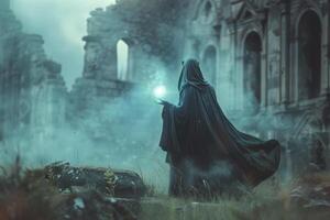 A man in a cloak is standing in front of a castle photo