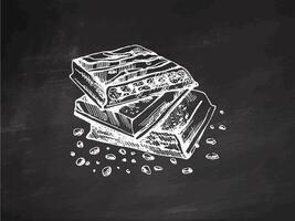 Stack of chocolate bars with crumbs in sketch style on chalkboard background vector