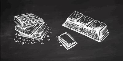 Hand-drawn chocolate bar illustrations with vintage artistic details on chalkboard background vector