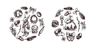Hand-drawn Easter circle compositions with bunnies, eggs, flowers, and festive elements in vintage sketch style vector