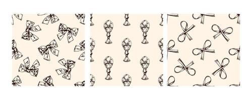 Seamless vintage Easter patterns with hand-drawn bows, egg cups, and ribbons in brown on beige background vector