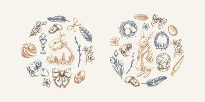 Hand-drawn Easter circle compositions with bunnies, eggs, flowers, and festive elements in vintage style vector