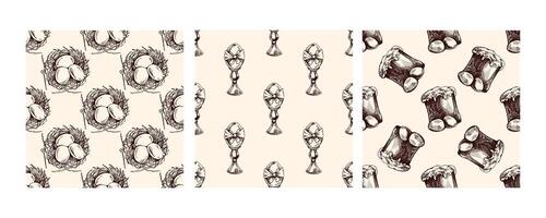 Seamless vintage Easter patterns with eggs, nests, and festive desserts in brown on beige background vector