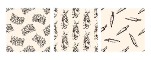 Seamless vintage Easter patterns with hand-drawn lettering, rabbit, and carrot in brown on beige background vector