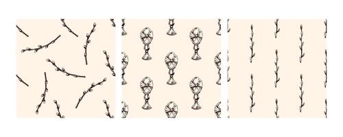 Seamless vintage Easter patterns with hand-drawn willow branches and egg cups in brown on beige background vector