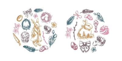 Hand-drawn Easter compositions with bunnies, eggs, flowers, and festive elements in vintage sketch style vector