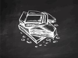 Broken chocolate pieces with crumbs in vintage sketch style on chalkboard background vector