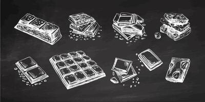 Hand-drawn chocolate illustrations set featuring bars and chunks on chalkboard background vector