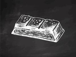 Chocolate bar with textured surface in hand-drawn sketch style on chalkboard background vector