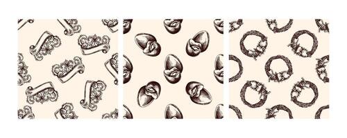 Seamless vintage Easter patterns with wreaths, ribbons, and decorative elements in brown on beige background vector