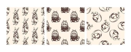 Seamless Easter patterns with bunnies and eggs in brown on beige background vector