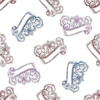 Seamless pattern of vintage floral ornament with scroll ribbon banner in pastel colors vector