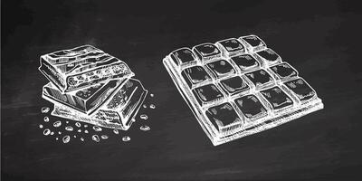 Hand-drawn chocolate bar illustrations in vintage style on chalkboard background vector