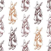 Hand drawn colored vintage seamless pattern of an Easter bunny in coat vector