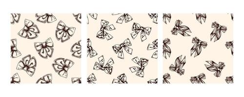 Seamless hand drawn vintage bow patterns in brown on beige background vector