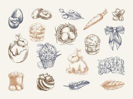 Hand-drawn Easter set with bunnies, eggs, and spring elements in beige, blue, and brown tones vector